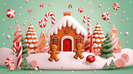 Christmas gingerbread house and gingerbread cookies in the snow. 3d illustrationの素材