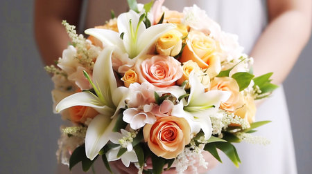 Beautiful bridal bouquet in hands of bride, closeupの素材
