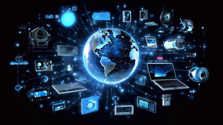Global networking concept with earth globe and icons on dark background 3D renderingの素材