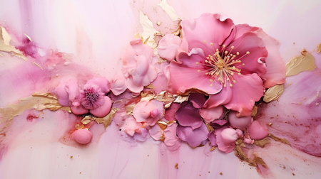 pink and golden watercolor background with flowers and petals.の素材