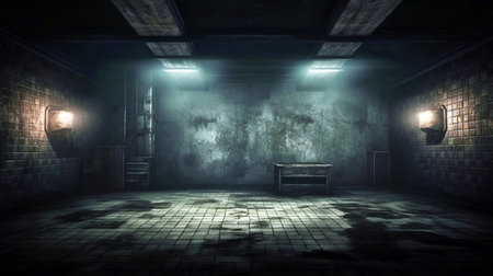Empty room with a bench in the dark. 3D rendering.の素材