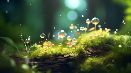 Moss and bubbles in the forest. Beautiful nature scene with moss and bubbles.の素材