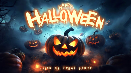 Halloween background with pumpkins and text Happy Halloween. 3d illustrationの素材