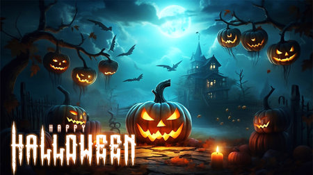 Pumpkins In Graveyard In The Spooky Night - Halloween Backdropの素材