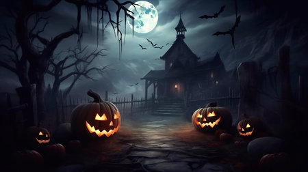 Pumpkins In Graveyard In The Spooky Night - Halloween Backdropの素材