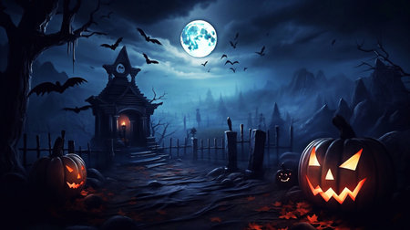 Pumpkins In Graveyard In The Spooky Night - Halloween Backdropの素材