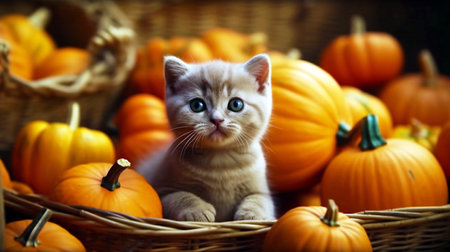 Cute kitten in a basket with pumpkins. Selective focus.の素材
