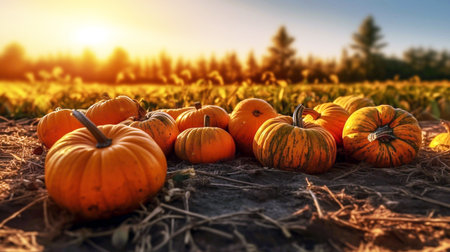 Pumpkin patch on sunny autumn day. Beautiful landscape with pumpkins.の素材