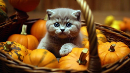 Scottish fold kitten in a basket with pumpkins and squashesの素材