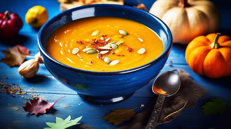 Pumpkin soup with cream and seeds on a blue wooden backgroundの素材