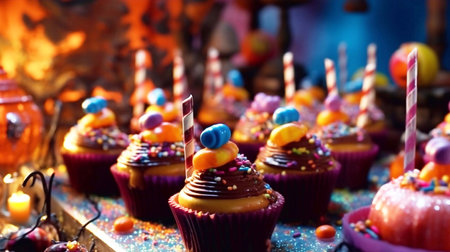 Colorful Halloween cupcakes with candles on the table. Selective focus.の素材