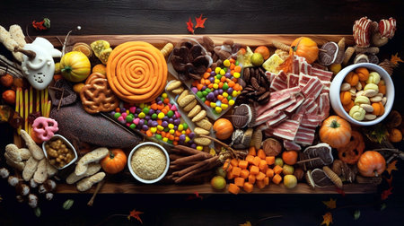 Variety of traditional Christmas sweets and candies on wooden background.の素材