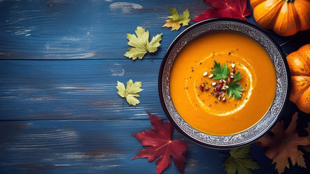 Pumpkin soup on blue wooden background. Top view, copy spaceの素材