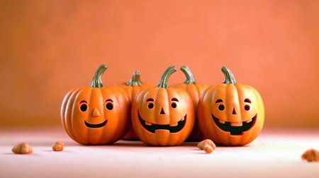 Halloween pumpkins with faces on orange background, halloween decorationの素材