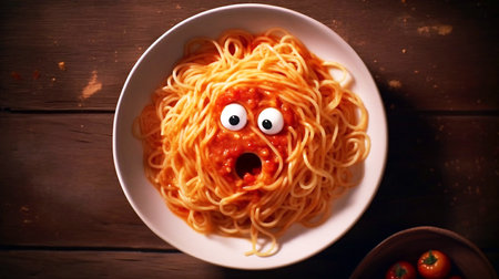 Spaghetti with tomato sauce and eyes on wooden table. Toned.の素材