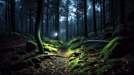 Mysterious forest at night with a path leading to the lightの素材