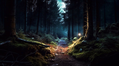 Mysterious dark forest at night with fog. 3D renderingの素材