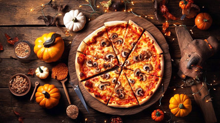 Pizza with mushrooms and cheese on a wooden background with pumpkinsの素材