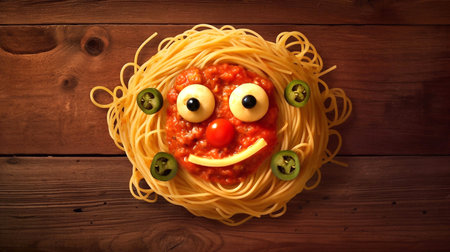 Spaghetti with tomato sauce and smiling face on wooden background. Food conceptの素材