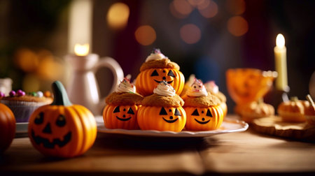 Halloween cupcakes with funny faces on table against blurred lights backgroundの素材