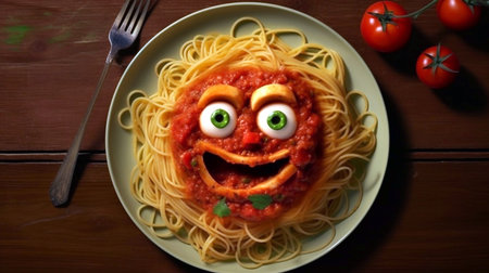 Spaghetti with tomato sauce in the form of a smiley faceの素材