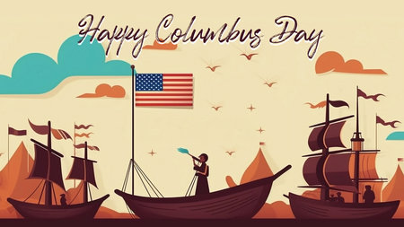 Happy Columbus Day with Blue Caravel floating on the sea wavesの素材