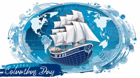 Happy Columbus Day with Blue Caravel floating on the sea wavesの素材
