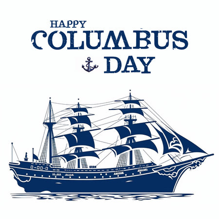 Happy Columbus Day with Blue Caravel floating on the sea wavesの素材