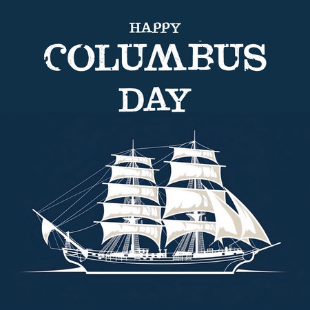 Happy Columbus Day with Blue Caravel floating on the sea wavesの素材