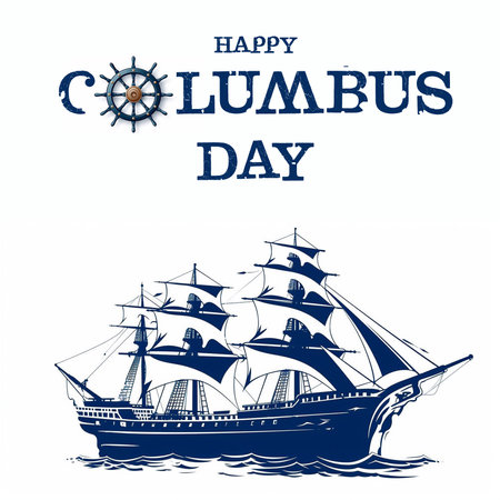 Happy Columbus Day with Blue Caravel floating on the sea wavesの素材