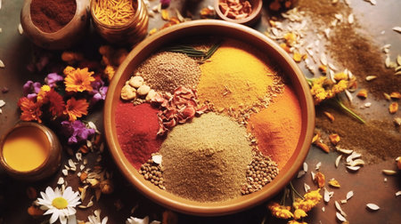 Variety of spices in bowl on table, top view. Food ingredientsの素材