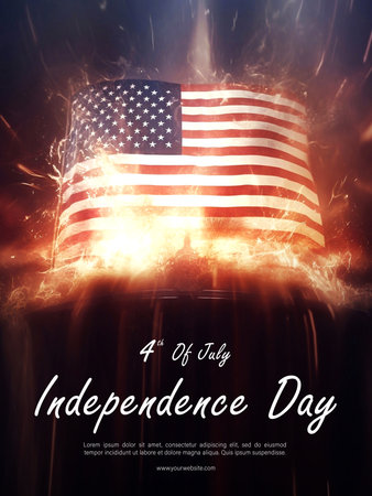 Independence day background with american flag, fireworks and text 4th of Julyの素材