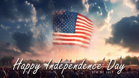 Happy Independence Day against usa flag flying in the air with fireworksの素材