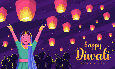 Happy Diwali Poster with Indian Girl Flying Lanterns Vector Illustration. Indian festival of lights Design.のイラスト素材