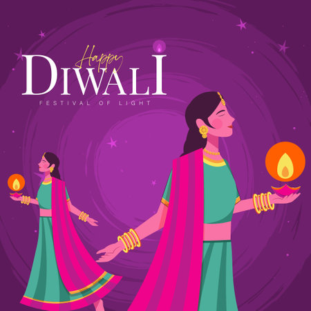 Indian Women Wearing Saree Holding Diya Lamp Celebrating Diwali. Indian festival of lights Design.のイラスト素材