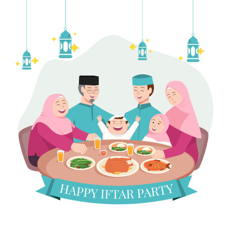 Happy iftar party ramadan concept art illustrationのイラスト素材