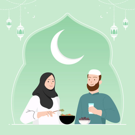 Suhoor time in ramadan month illustration, couple eating suhoor togetherのイラスト素材