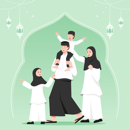 Happy ramadan, family go to mosque for praying illustrationのイラスト素材