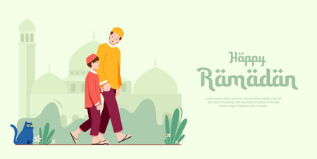 Happy ramadan, dad and his son go to mosque illustrationのイラスト素材