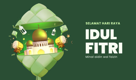 Translation : Happy Eid al Fitr. Islamic Ornament Comes Out from Ketupat Vector Illustration. Eid Mubarak Poster Templateのイラスト素材