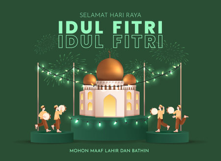 Translation : Happy Eid al Fitr. Moslem Kids Playing Indonesian Drum Celebrating Eid. Eid Mubarak Vector Illustrationのイラスト素材