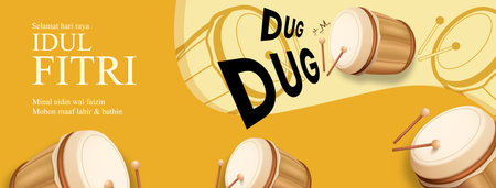 Translation : Happy Eid al Fitr. Eid Mubarak Poster Design with Indosian Drum(Bedug) Vector Illustrationのイラスト素材