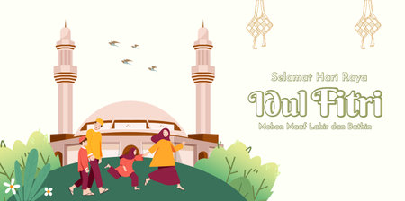 Translation : Happy Eid al Fitr. Moslem Family Walking to Mosque for Praying on Eid Celebration Vector Illustrationのイラスト素材