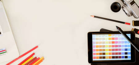 Hero Header Concept. Top view professional Modern Creative Graphic Designer White Desk.の写真素材