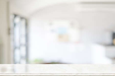 Empty marble top table with blurred coffee shop interior Background. for product display montage.の写真素材