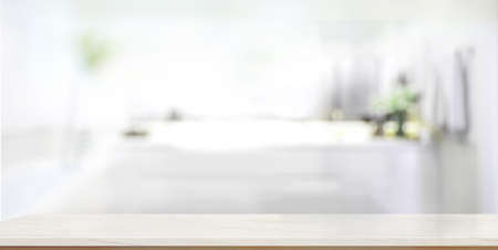 Empty marble top table with blurred bathroom interior Background. for product display montage.の写真素材