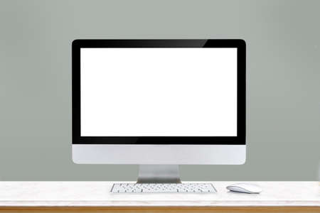 Mock up desk :Comfortable workplace with modern desktop computer. Blank screen for graphic display montage.の写真素材