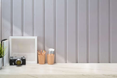 Mockup stylish minimal workplace and copy spaceの写真素材