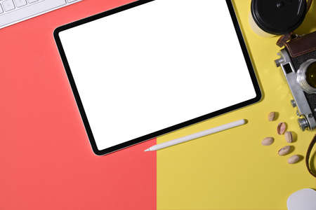 Office colourful desk working space and mockup tabletの写真素材