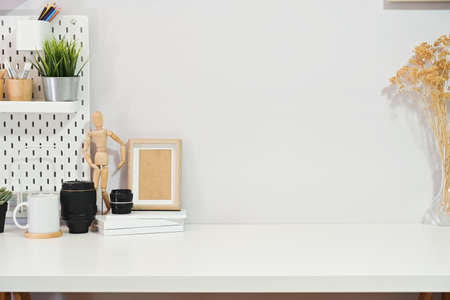 Minimalist stylish workspace poster, home office supplies and copy spaceの写真素材